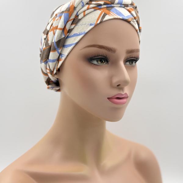 Handgemaakte chemo muts Betty creme oranje blauw maat M