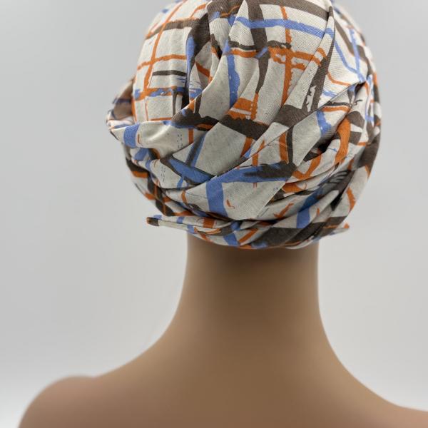 Handgemaakte chemo muts Betty creme oranje blauw maat M