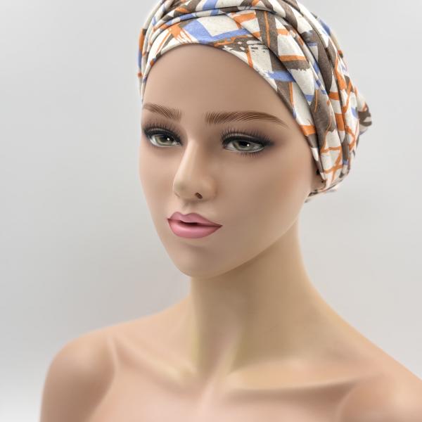 Handgemaakte chemo muts Betty creme oranje blauw maat M