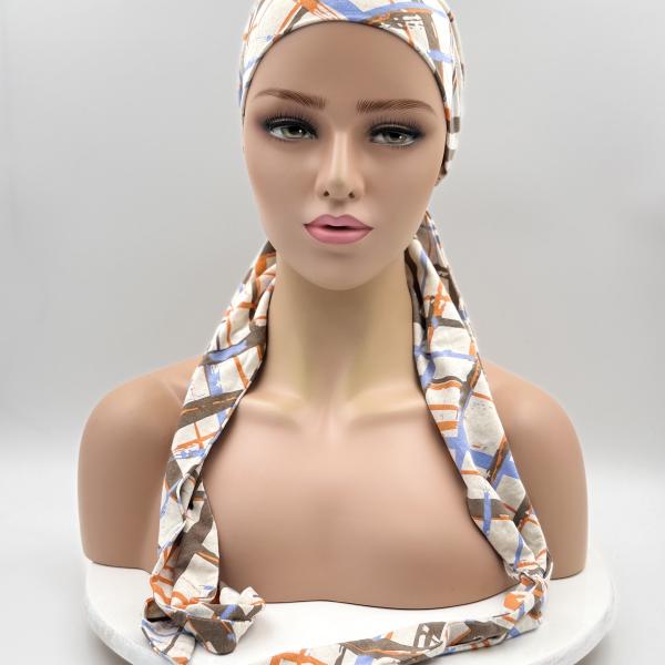 Handgemaakte chemo muts Betty creme oranje blauw maat M