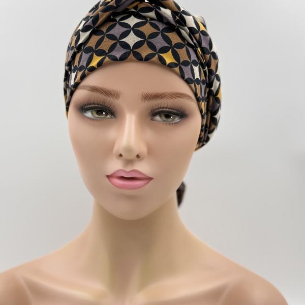 Handgemaakte chemo muts Bahar bruin en zwart, maat S