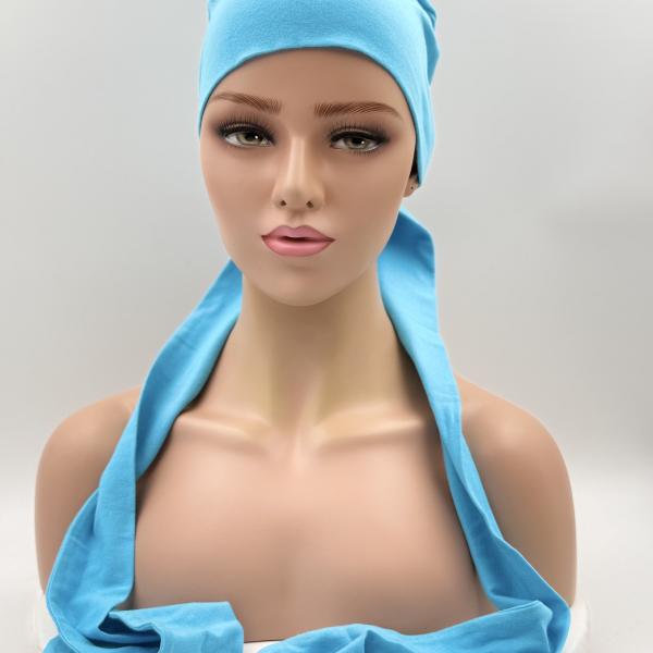 Handgemaakte chemo muts Bahar uni turquoise maat M