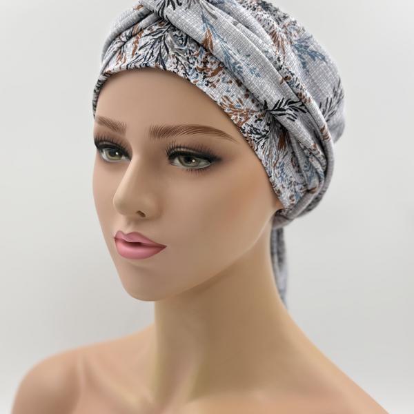 Handgemaakte chemo muts Bahar blauw grijze met takjes maat L