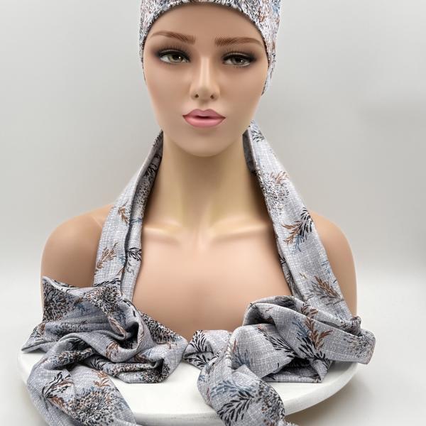 Handgemaakte chemo muts Bahar blauw grijze met takjes maat L