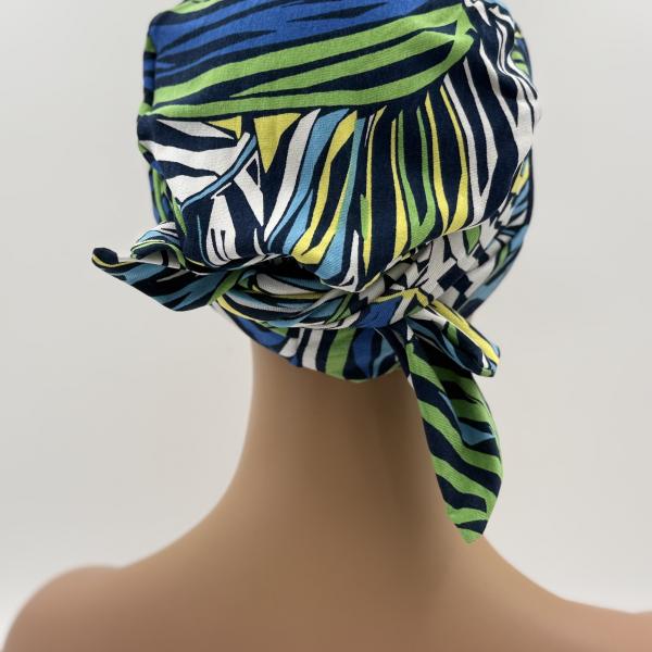 Handgemaakte chemo muts Bahar blauw, groen tinten, maat L