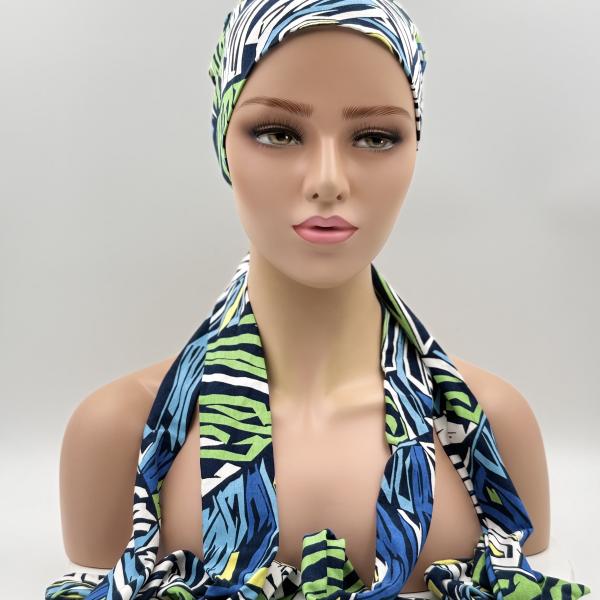 Handgemaakte chemo muts Bahar blauw, groen tinten, maat L