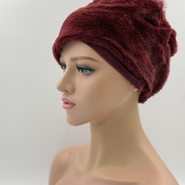 Handgemaakte chemo muts Brigit de luxe maat M bordeaux