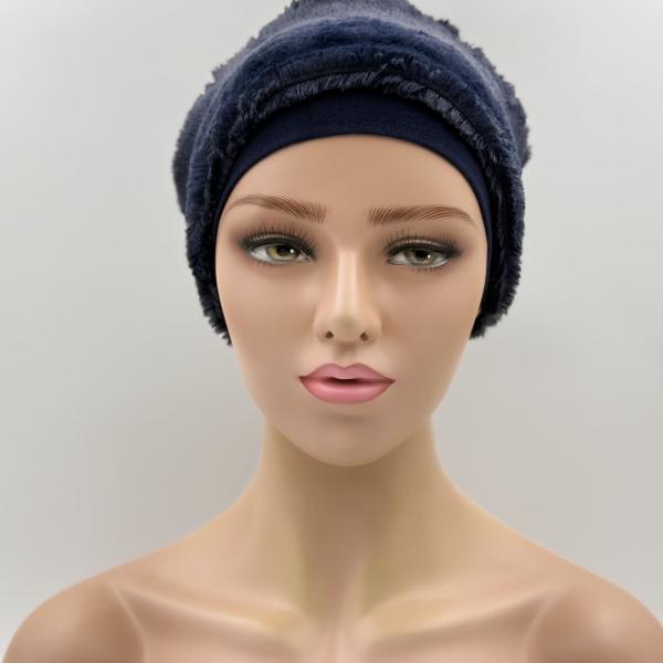 Handgemaakte chemo muts Brigit de luxe maat M donker blauw