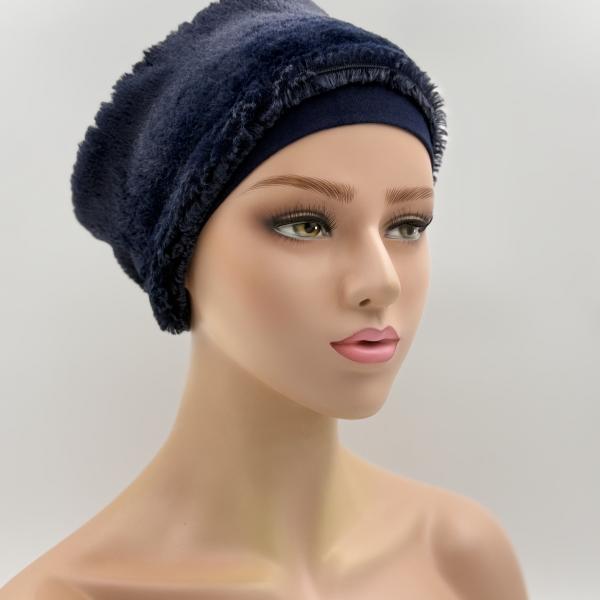 Handgemaakte chemo muts Brigit de luxe maat M donker blauw