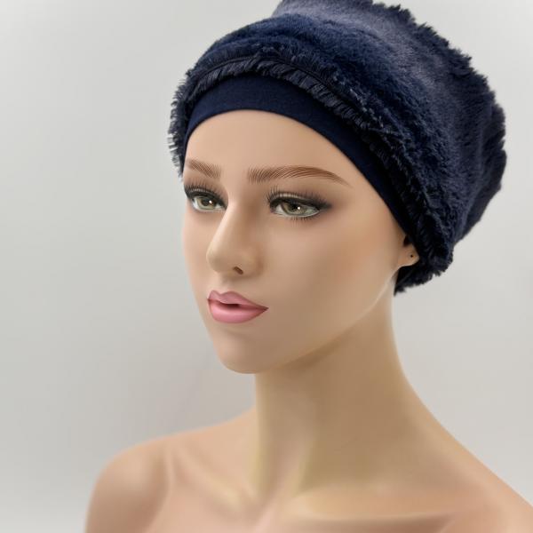 Handgemaakte chemo muts Brigit de luxe maat M donker blauw