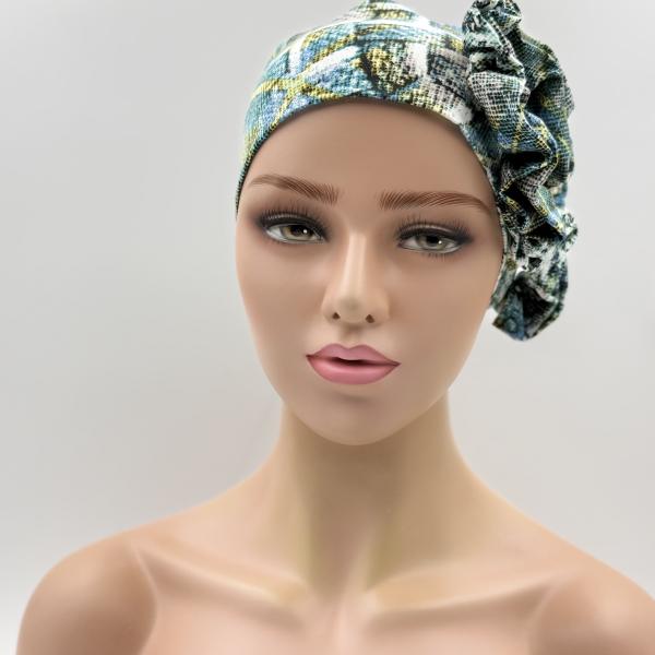 Handgemaakte chemo muts Beyonce groen en blauw maat M