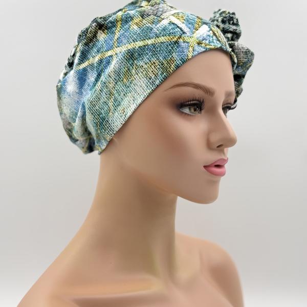 Handgemaakte chemo muts Beyonce groen en blauw maat M