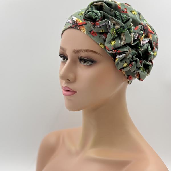 Handgemaakte chemo muts Beyonce groen libelle maat S