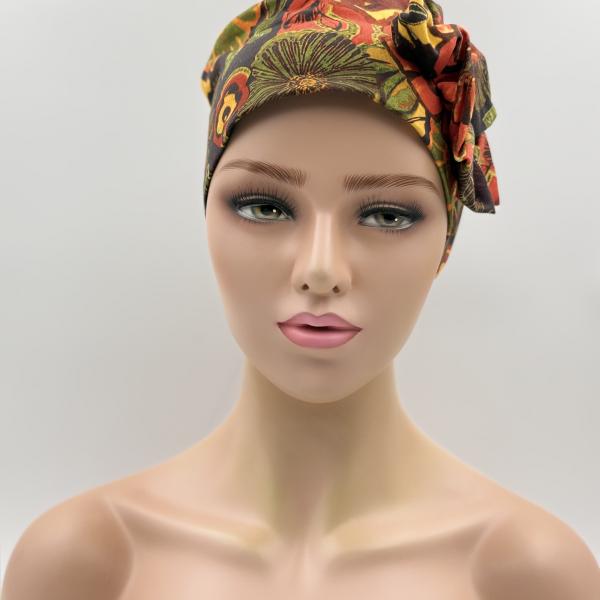 Handgemaakte chemo muts Beyonce in retro kleuren oranje, geel, groen en bruin maat M
