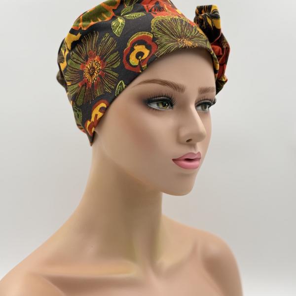 Handgemaakte chemo muts Beyonce in retro kleuren oranje, geel, groen en bruin maat M