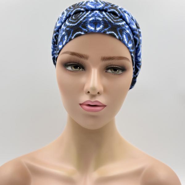 Handgemaakte chemo muts Bente Blauw wit maat S