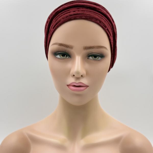 Handgemaakte chemo muts Bente bordeaux fluweel maat L