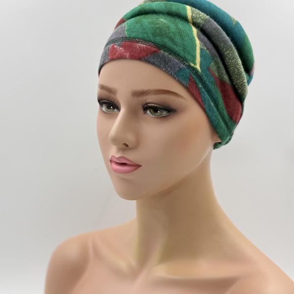 Handgemaakte chemo muts Bente groen tinten maat L