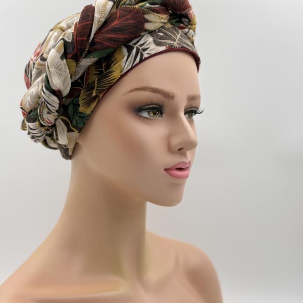 Handgemaakte chemo muts met sjaal Bella bordeaux met herfsttinten maat S.