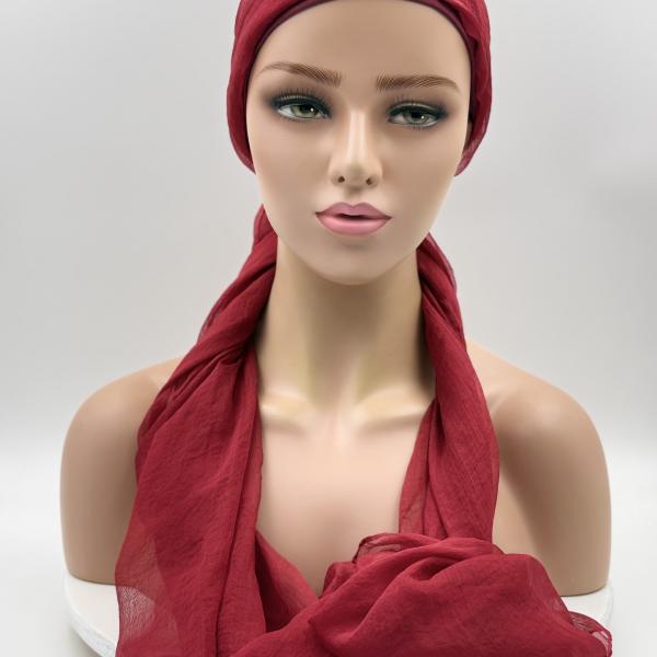 Handgemaakte chemo muts met sjaal Bella rood maat S.