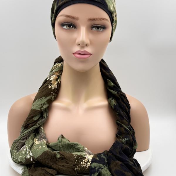 Handgemaakte chemo muts met sjaal Bella camouflage maat S.