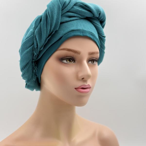 Handgemaakte chemo muts met sjaal Bella zeegroen maat M.
