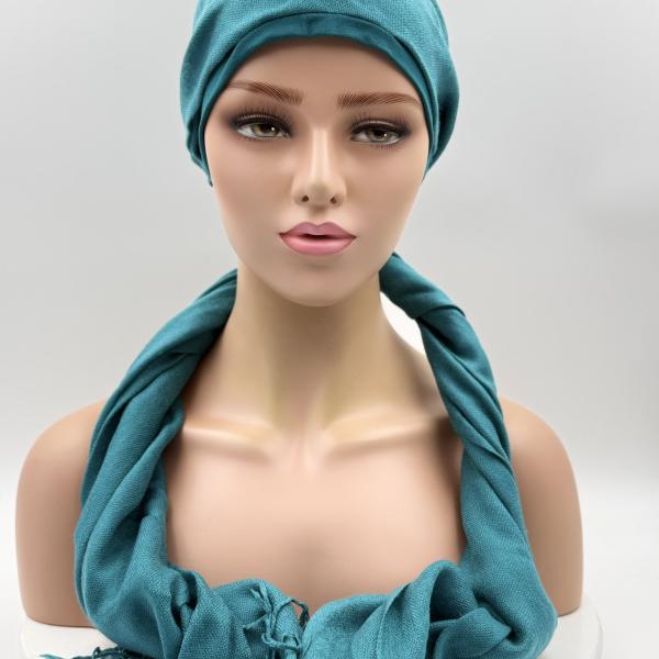 Handgemaakte chemo muts met sjaal Bella zeegroen maat M.