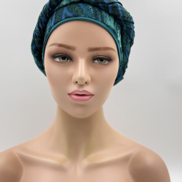 Handgemaakte chemo muts met sjaal Bella turquoise tinten maat M.