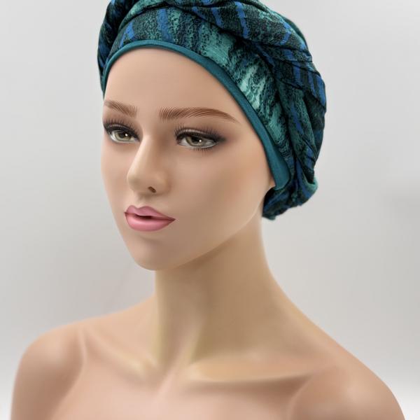 Handgemaakte chemo muts met sjaal Bella turquoise tinten maat M.