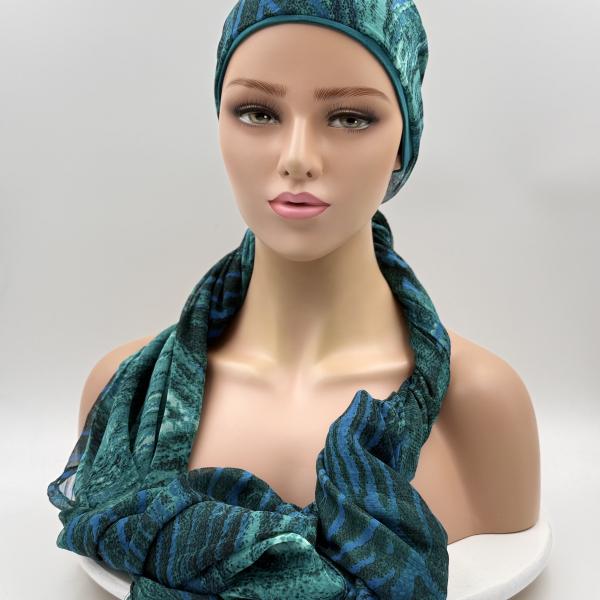 Handgemaakte chemo muts met sjaal Bella turquoise tinten maat M.