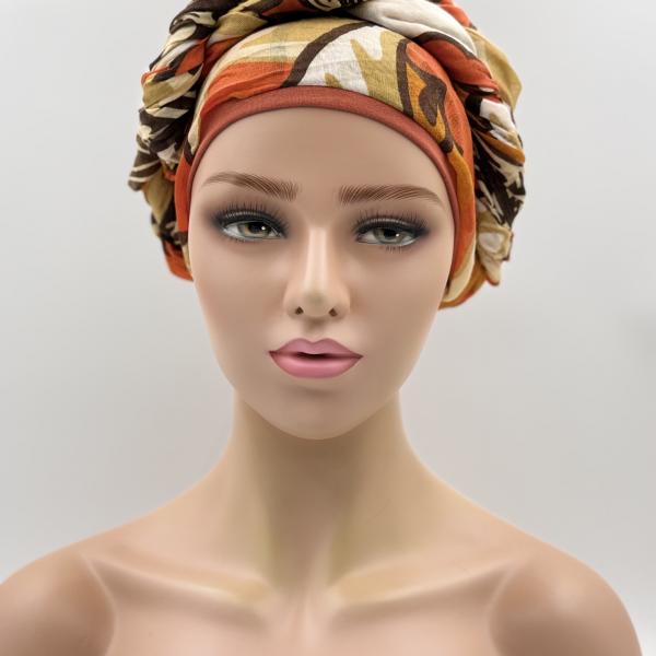 Handgemaakte chemo muts met sjaal Bella oranje bruin tinten maat M.