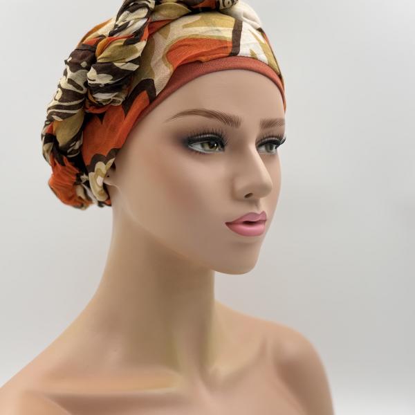 Handgemaakte chemo muts met sjaal Bella oranje bruin tinten maat M.