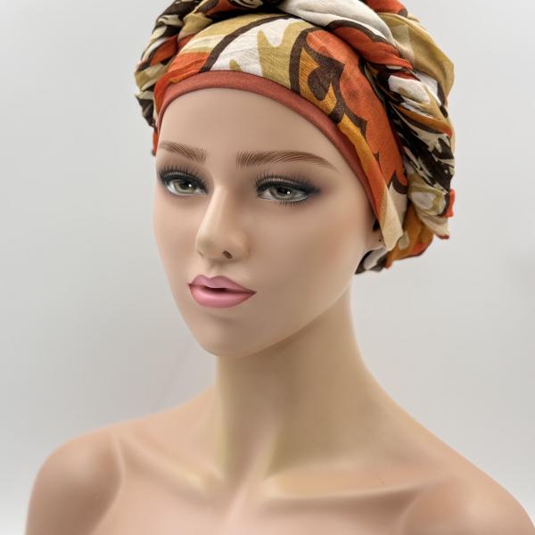 Handgemaakte chemo muts met sjaal Bella oranje bruin tinten maat M.