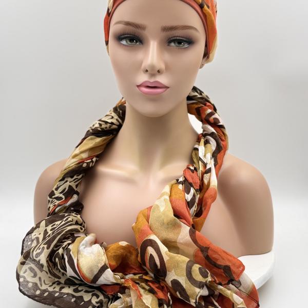 Handgemaakte chemo muts met sjaal Bella oranje bruin tinten maat M.