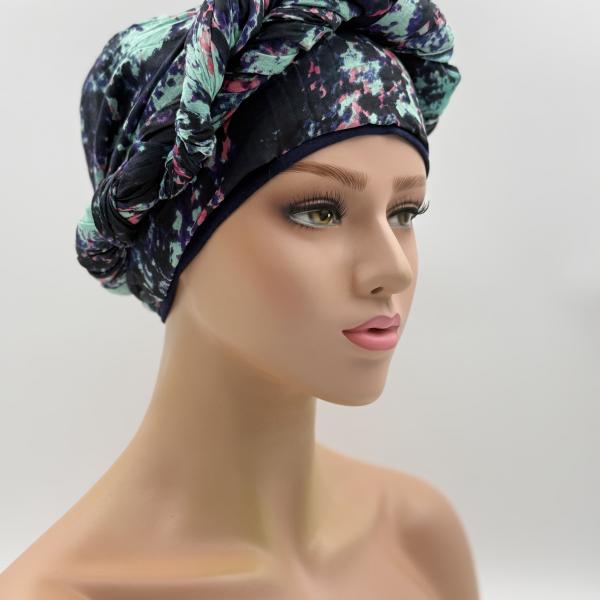 Handgemaakte chemo muts met sjaal Bella blauw tinten maat M.