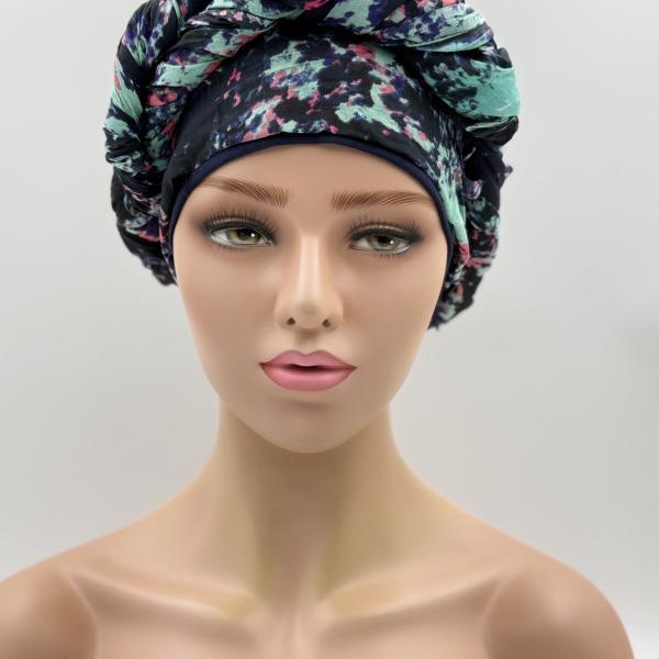 Handgemaakte chemo muts met sjaal Bella blauw tinten maat M.
