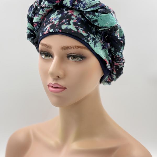 Handgemaakte chemo muts met sjaal Bella blauw tinten maat M.