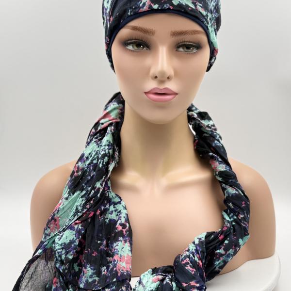 Handgemaakte chemo muts met sjaal Bella blauw tinten maat M.