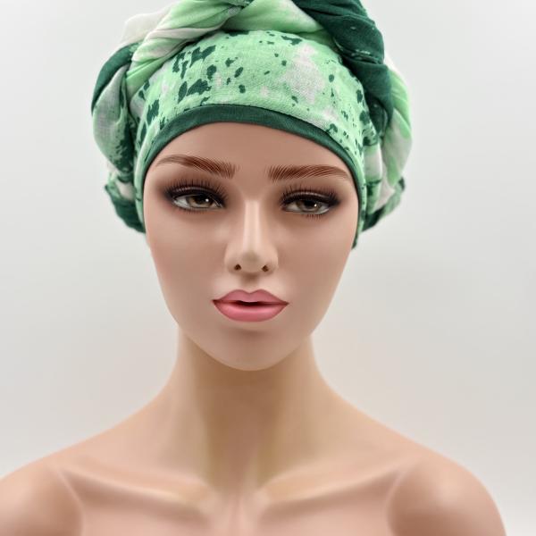 Handgemaakte chemo muts met sjaal Bella groen tinten maat L.