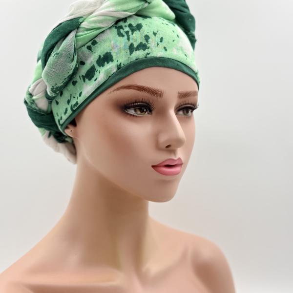 Handgemaakte chemo muts met sjaal Bella groen tinten maat L.