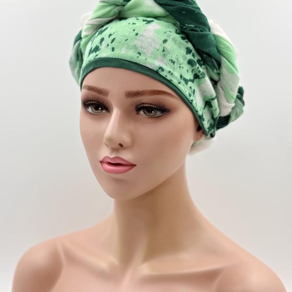 Handgemaakte chemo muts met sjaal Bella groen tinten maat L.