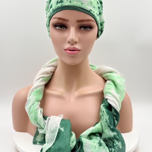 Handgemaakte chemo muts met sjaal Bella groen tinten maat L.