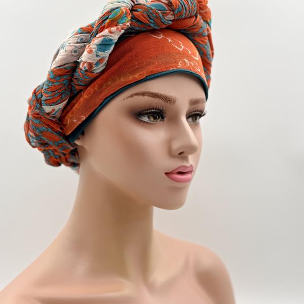Handgemaakte chemo muts met sjaal Bella groen oranje tinten maat L.