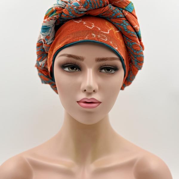 Handgemaakte chemo muts met sjaal Bella groen oranje tinten maat L.