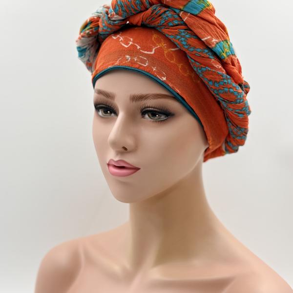 Handgemaakte chemo muts met sjaal Bella groen oranje tinten maat L.