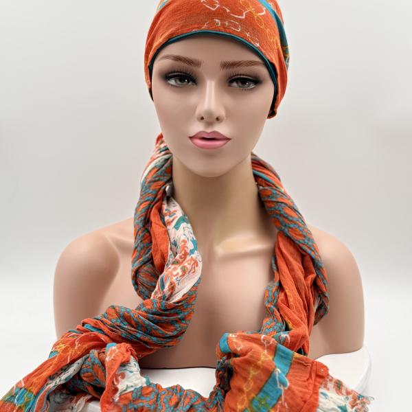 Handgemaakte chemo muts met sjaal Bella groen oranje tinten maat L.