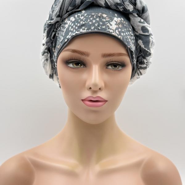Handgemaakte chemo muts met sjaal Bella grijs tinten maat L.