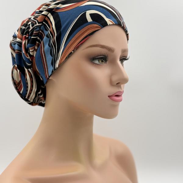 Handgemaakte chemo muts Bonnie bruin, blauw maat M