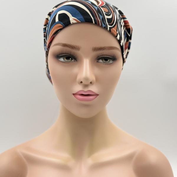 Handgemaakte chemo muts Bonnie bruin, blauw maat M