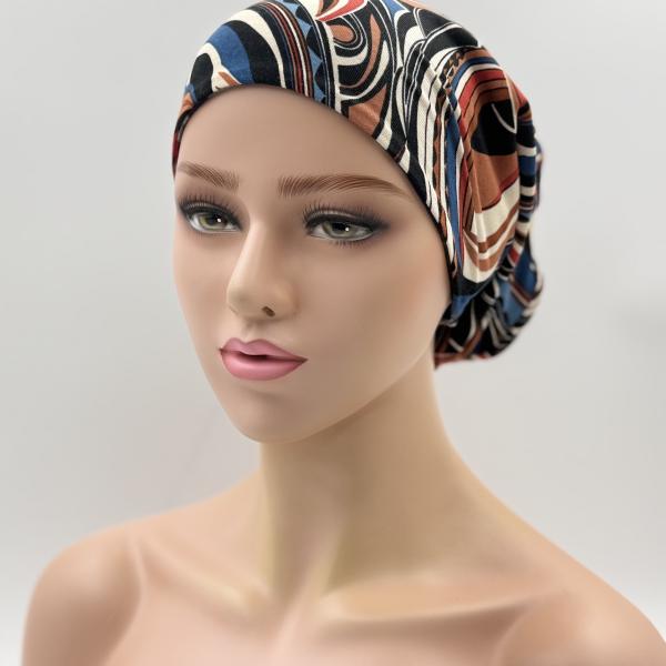 Handgemaakte chemo muts Bonnie bruin, blauw maat M